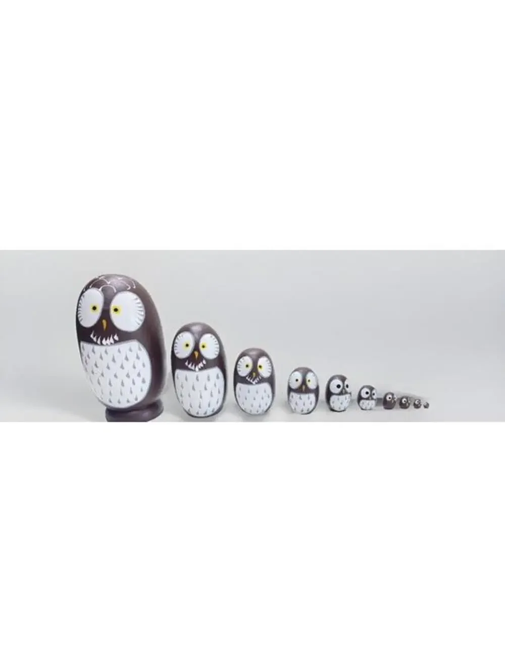 Wooden Owl Nesting Dolls - 10 Piece Set - Brown and White - Hand-Painted